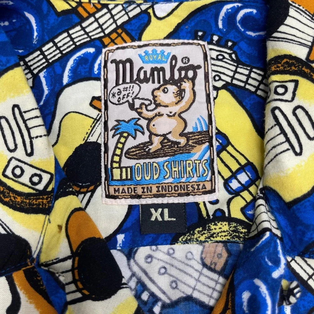 Vintage Mambo Loud Shirt Mens XL Blue Guitar Print Short‎ Sleeve Camp Shirt